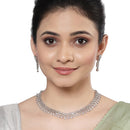Rhodium-Plated with Silver-Toned White American Diamond Studded Necklace & Earrings Jewellery Set