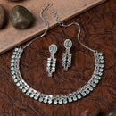 Rhodium-Plated Sea Green Round Shape American Diamonds Studded Necklace & Earrings Jewellery Set