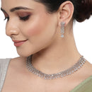 Rhodium-Plated with Silver-Toned White American Diamond Studded Necklace & Earrings Jewellery Set