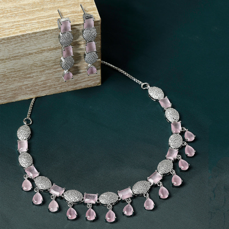 Rhodium-Plated Pink American Diamond Studded Intriguing Necklace & Earrings Jewellery Set