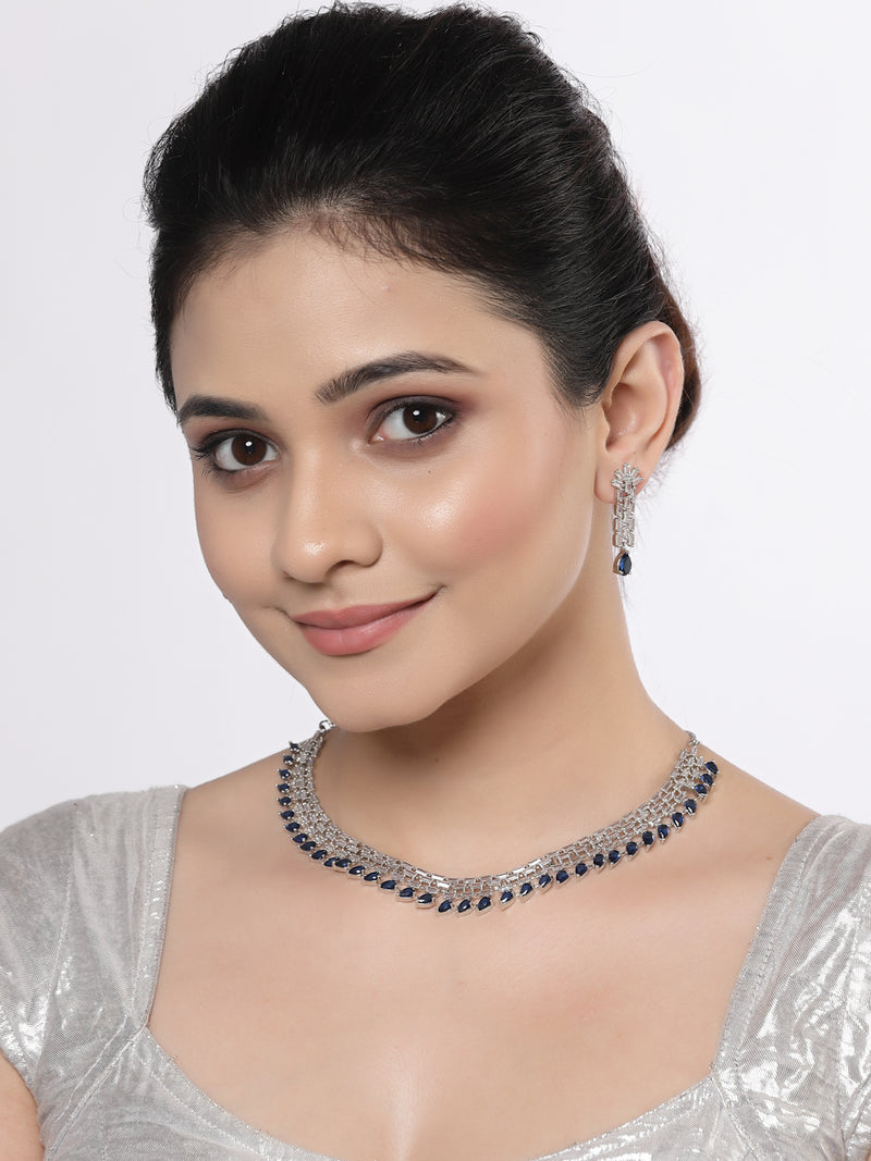 Rhodium-Plated with Silver-Toned Navy Blue and White American Diamond Studded Necklace & Earrings Jewellery Set