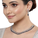 Rhodium-Plated with Silver-Toned Navy Blue and White American Diamond Studded Necklace & Earrings Jewellery Set