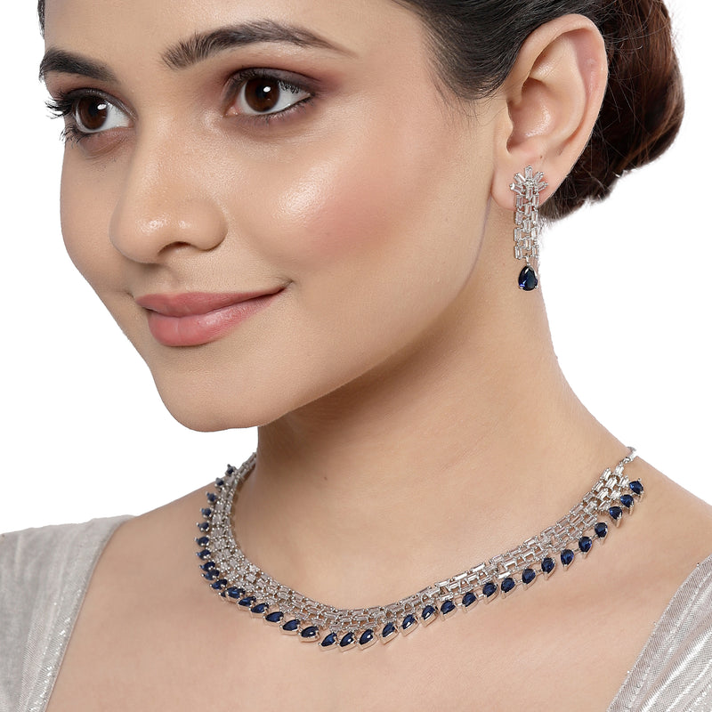 Rhodium-Plated with Silver-Toned Navy Blue and White American Diamond Studded Necklace & Earrings Jewellery Set