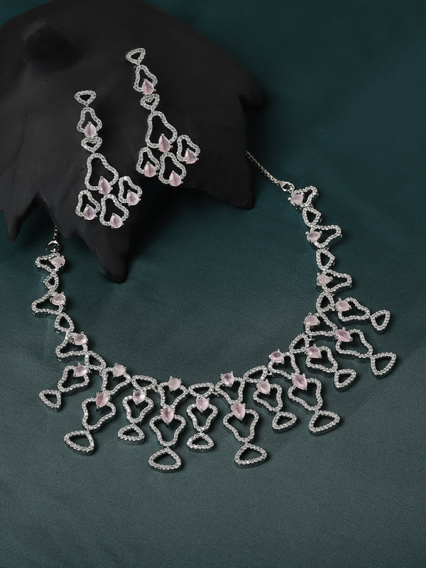 Rhodium-Plated Pink American Diamond Studded Quirky Design Necklace with Earrings Jewellery Set