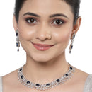 Rhodium-Plated with Silver-Toned Navy Blue and White American Diamond Studded Necklace and Earrings Jewellery Set