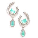 Rhodium-Plated Sea Green & White American Diamond studded Quirky Shaped Drop Earrings