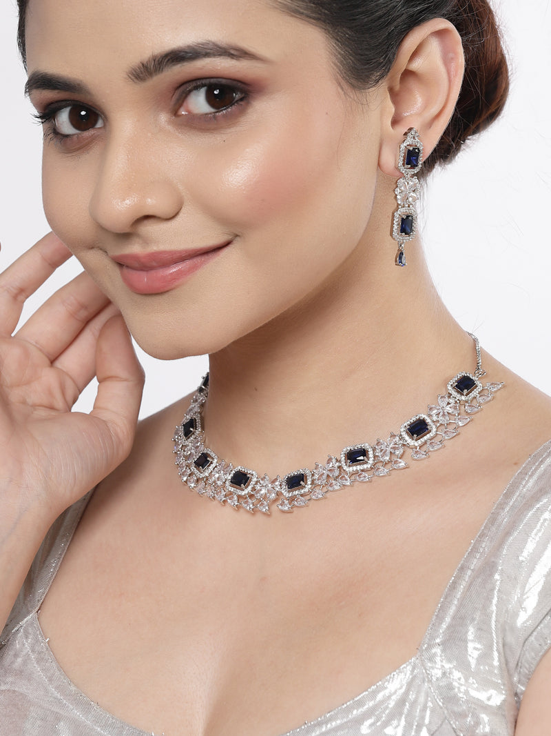 Rhodium-Plated with Silver-Toned Navy Blue and White American Diamond Studded Necklace and Earrings Jewellery Set