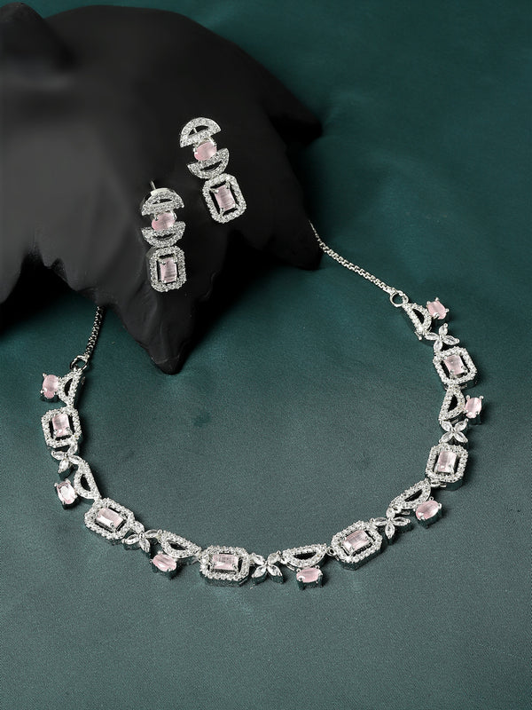 Rhodium-Plated Pink American Diamonds Studded Boxy Necklace & Earrings Jewellery Set