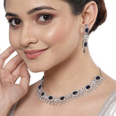 Rhodium-Plated with Silver-Toned Navy Blue and White American Diamond Studded Necklace and Earrings Jewellery Set
