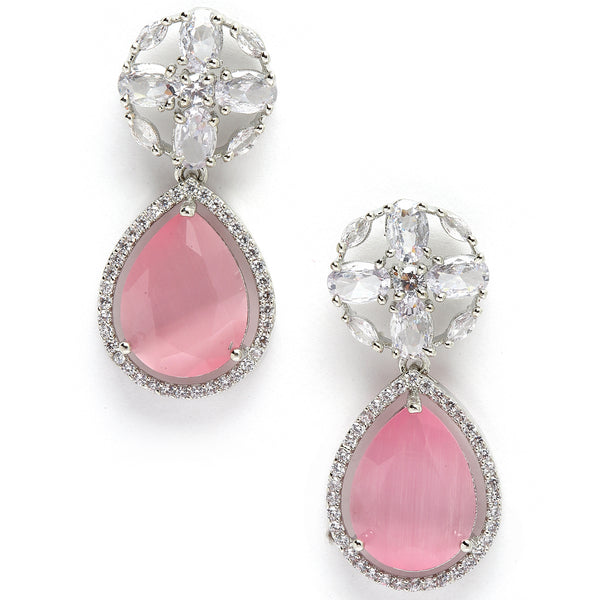 Rhodium-Plated Pink & White American Diamond studded Teardrop & Floral Shaped Drop Earrings