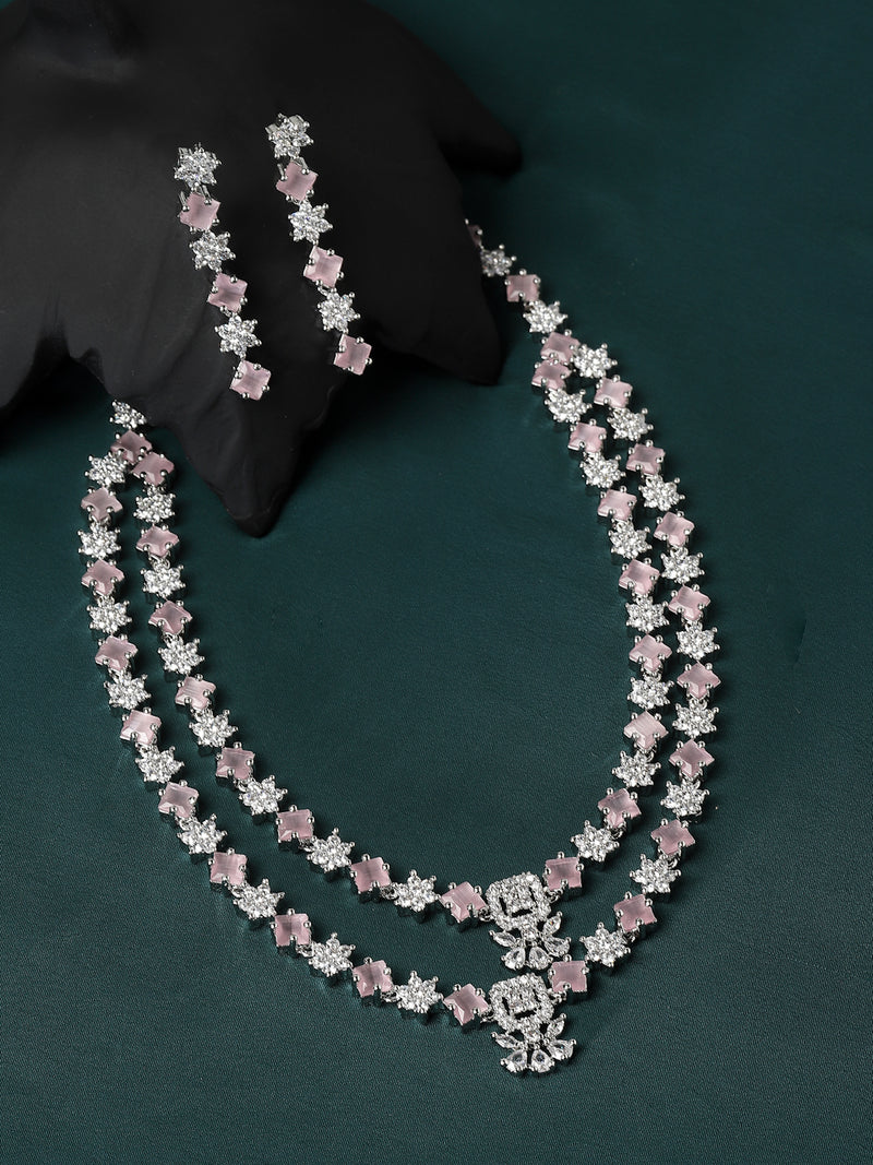 Rhodium-Plated Pink American Diamond Studded Star Shaped Layered Necklace & Earrings Jewellery Set