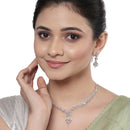 Rhodium Plated Silver Toned Floral Motif White AD Studded Necklace Set & Matching Earrings