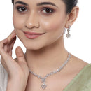 Rhodium Plated Silver Toned Floral Motif White AD Studded Necklace Set & Matching Earrings