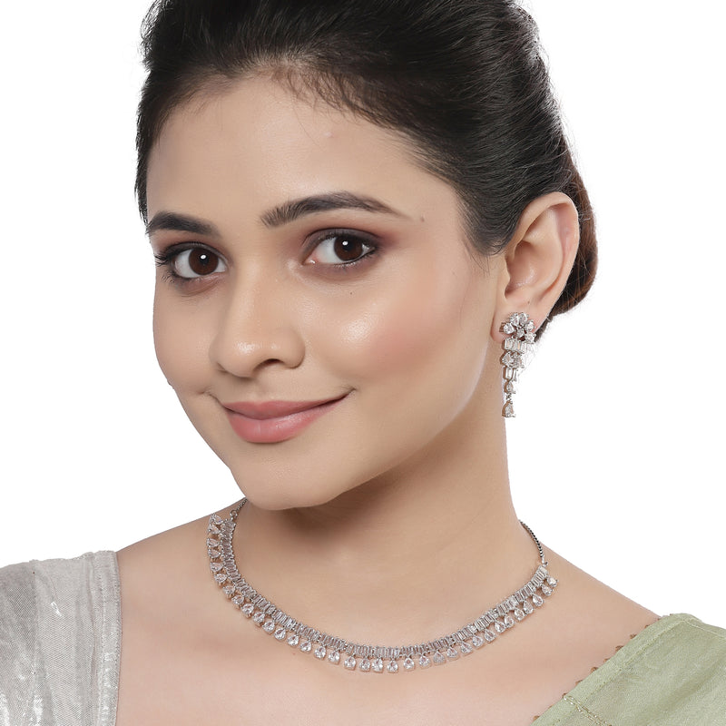 Rhodium-Plated with Silver-Toned White American Diamond Studded Jewellery Set