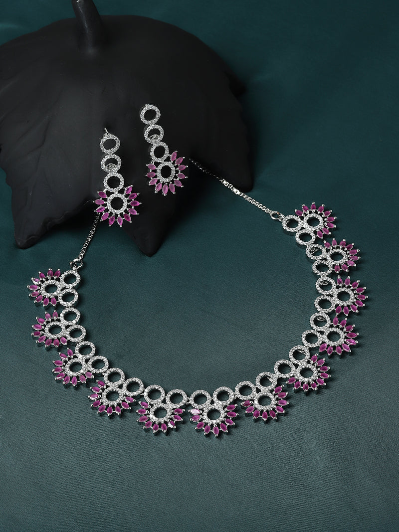 Rhodium-Plated Magenta American Diamond Studded Classic Necklace with Earrings Jewellery Set