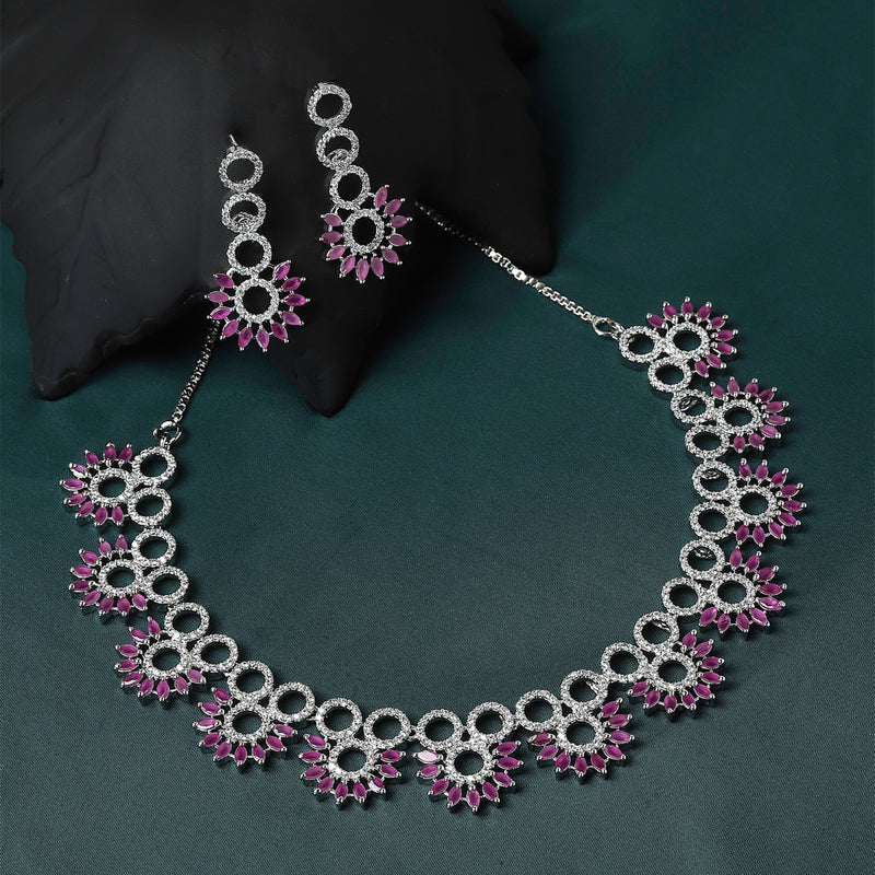 Rhodium-Plated Magenta American Diamond Studded Classic Necklace with Earrings Jewellery Set