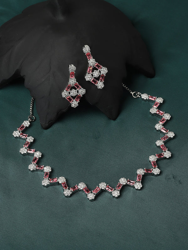 Rhodium-Plated Red American Diamond Studded Necklace With Earrings Jewellery Set