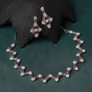 Rhodium-Plated Red American Diamond Studded Necklace With Earrings Jewellery Set