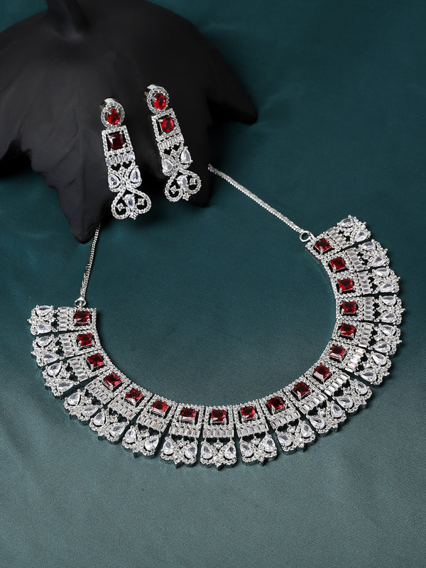 Rhodium-Plated Red & White American Diamonds Studded Choker Necklace & Earrings Jewellery Set