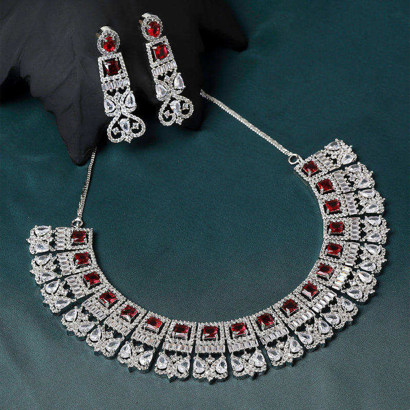 Rhodium-Plated Red & White American Diamonds Studded Choker Necklace & Earrings Jewellery Set