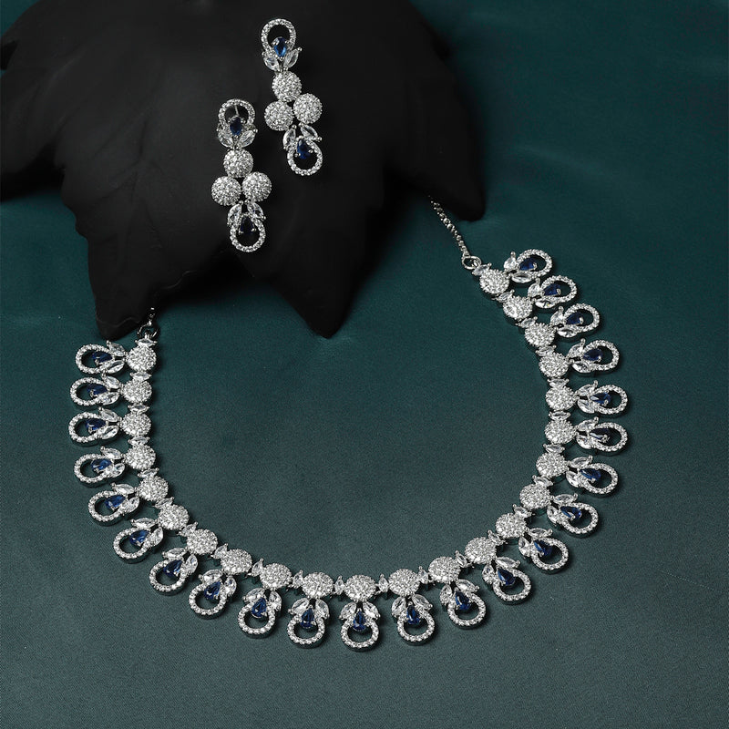 Rhodium-Plated Navy Blue American Diamonds Studded Voguish Necklace & Earrings Jewellery Set