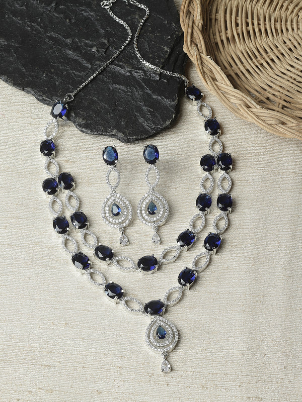 Rhodium-Plated Navy Blue American Diamond Studded Abstract Necklace & Earrings Jewellery Set