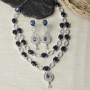 Rhodium-Plated Navy Blue American Diamond Studded Abstract Necklace & Earrings Jewellery Set