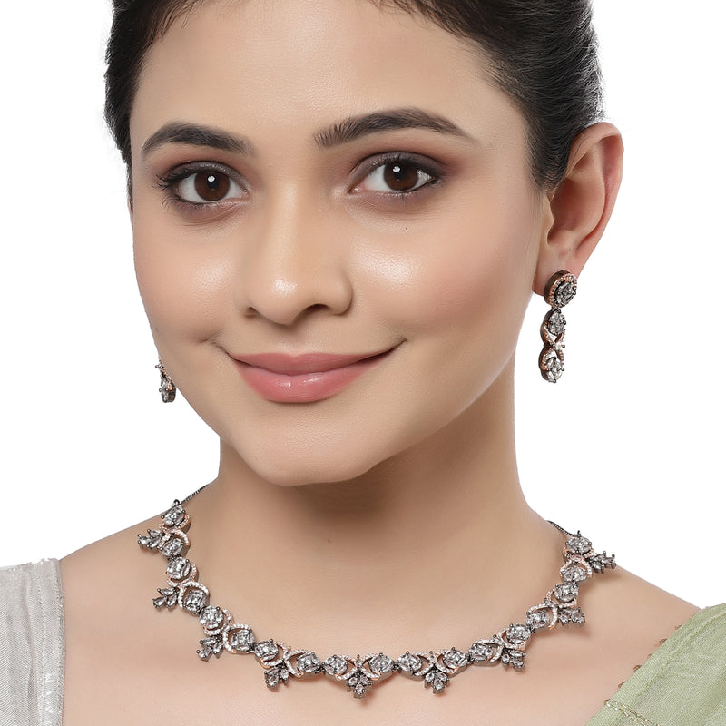 Rose Gold-Plated Circular and Leaf Design Rose Black American Diamond Studded Jewellery Set