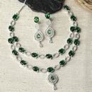 Rhodium-Plated Green American Diamond Studded Abstract Necklace & Earrings Jewellery Set
