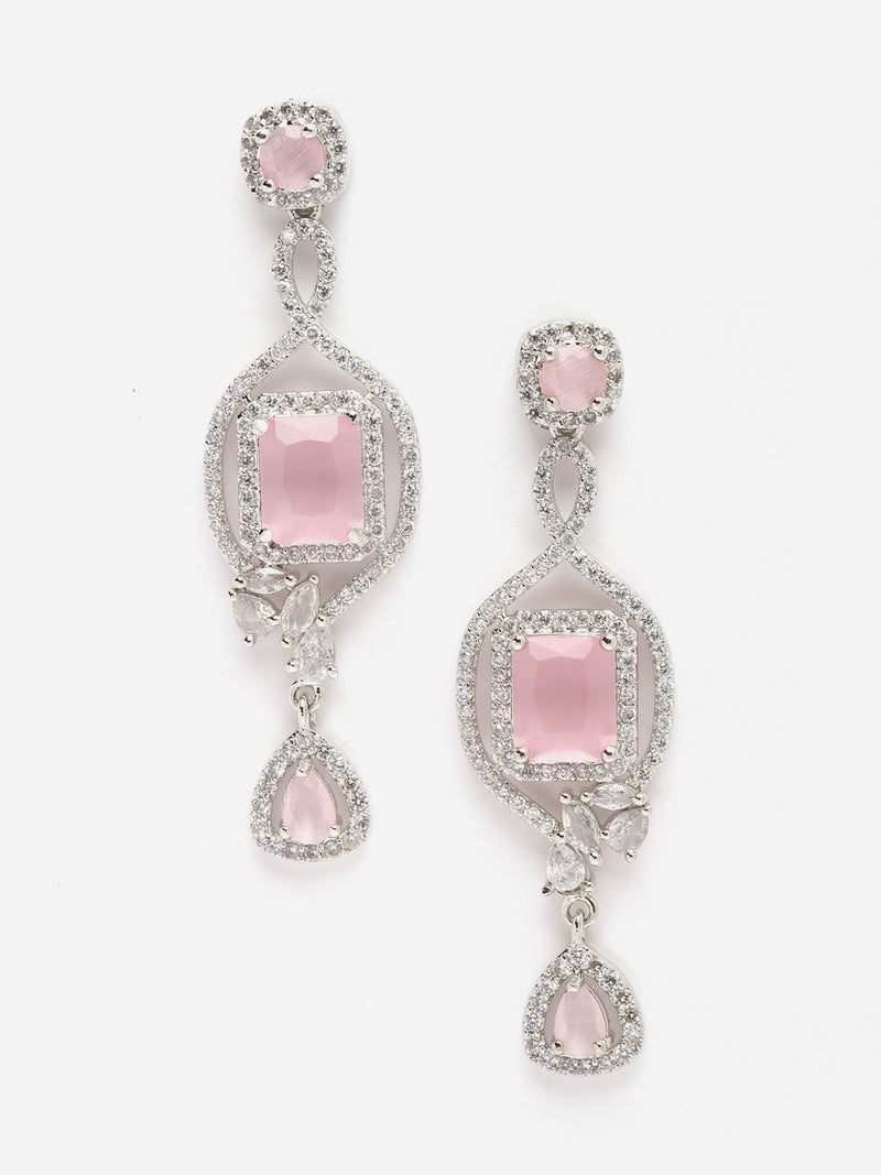 Rhodium-Plated Pink American Diamond studded Square Shaped Handcrafted Drop Earrings