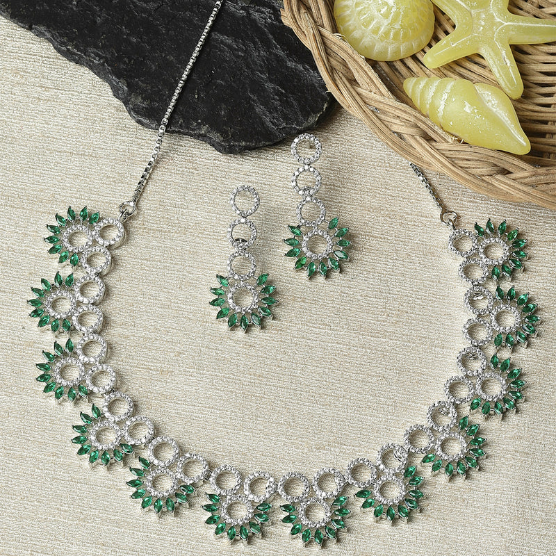 Rhodium-Plated Green American Diamond Studded Classic Necklace with Earrings Jewellery Set