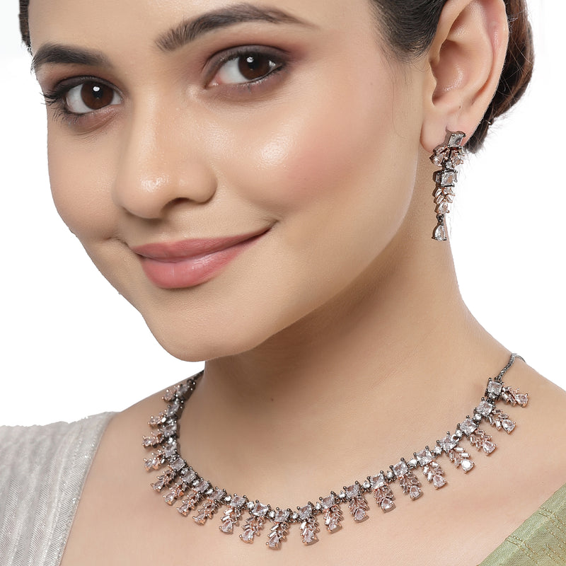 Rose Gold-Plated Leaf Design Rose Black and White American Diamond Studded Jewellery Set