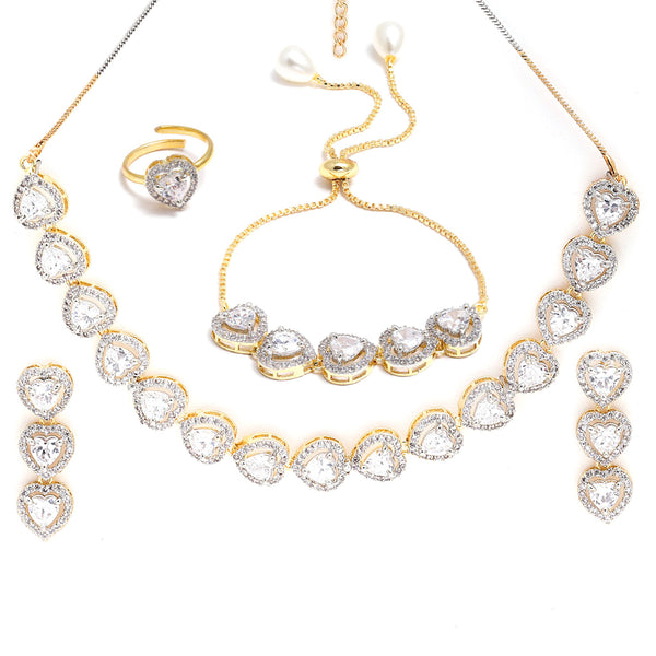 Heart Shaped Gold-Plated White American Diamond-Studded Jewellery Set Combo