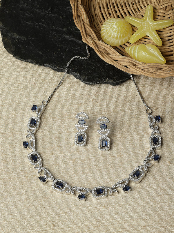 Rhodium-Plated Navy Blue American Diamonds Studded Boxy Necklace & Earrings Jewellery Set