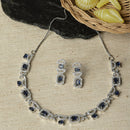 Rhodium-Plated Navy Blue American Diamonds Studded Boxy Necklace & Earrings Jewellery Set