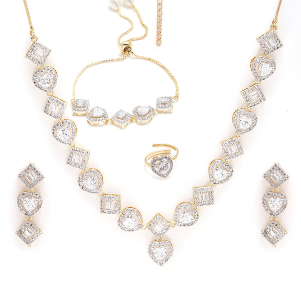 Heart & Square Shaped Silver-Toned Gold-Plated Off White American Diamond Studded Jewellery Set Combo