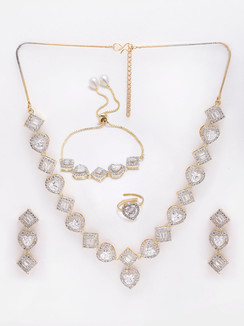 Heart & Square Shaped Silver-Toned Gold-Plated Off White American Diamond Studded Jewellery Set Combo