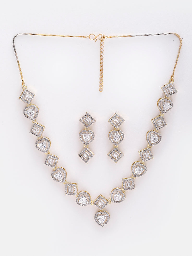 Heart & Square Shaped Silver-Toned Gold-Plated Off White American Diamond Studded Jewellery Set Combo