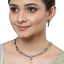 Rose Gold-Plated Leaf Design Rose Black and White American Diamond Studded Jewellery Set