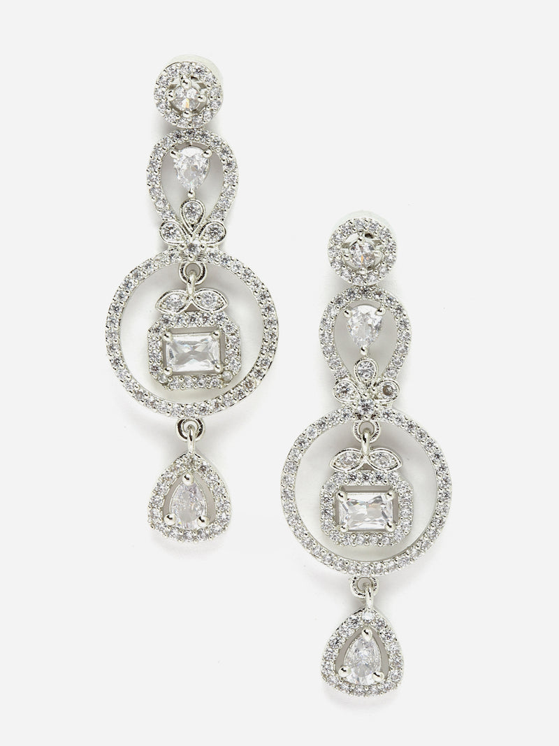 Rhodium-Plated White American Diamond studded Circular Shaped Drop Earrings