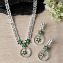 Rhodium-Plated Green American Diamond Studded Star & Leaf Shaped Necklace With Earrings Set
