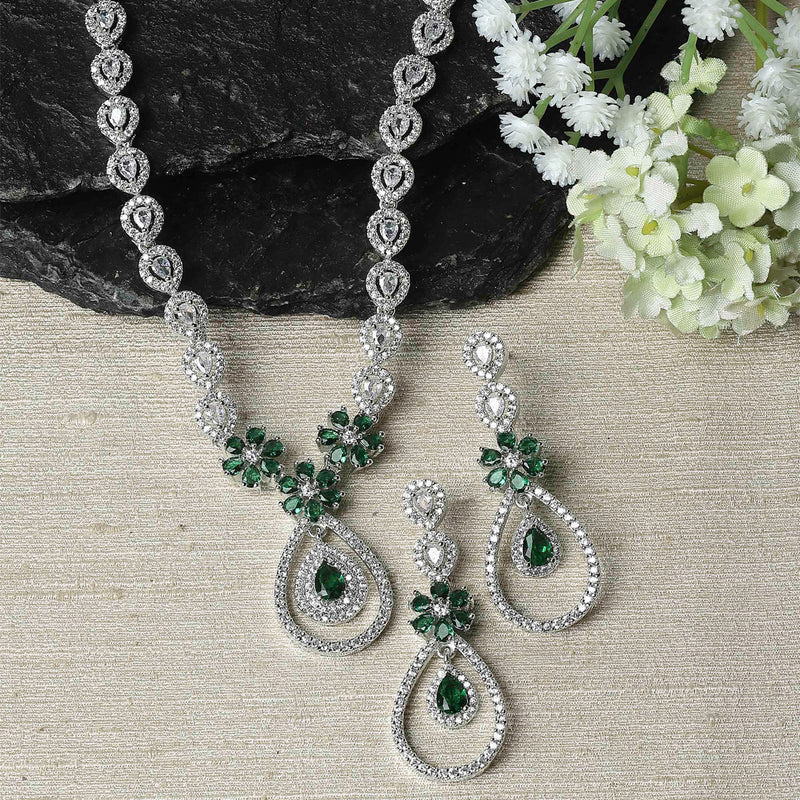 Rhodium-Plated Green American Diamond Studded Teardrop & Floral Shaped Jewellery Set