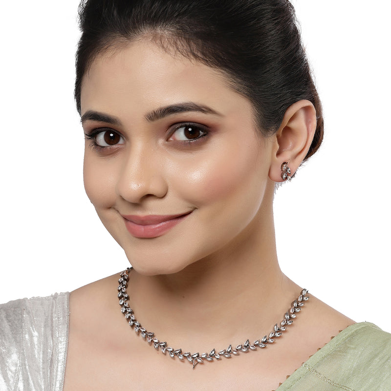 Rose Gold-Plated Floral Design Rose Black and White American Diamond Studded Jewellery Set