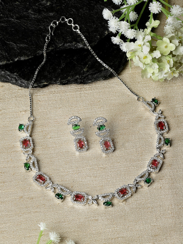 Rhodium-Plated Red & Green American Diamonds Studded Boxy Necklace & Earrings