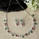 Rhodium-Plated Red & Green American Diamonds Studded Boxy Necklace & Earrings