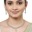 Rhodium-Plated with Silver-Toned Floral Design White American Diamond Studded Jewellery Set