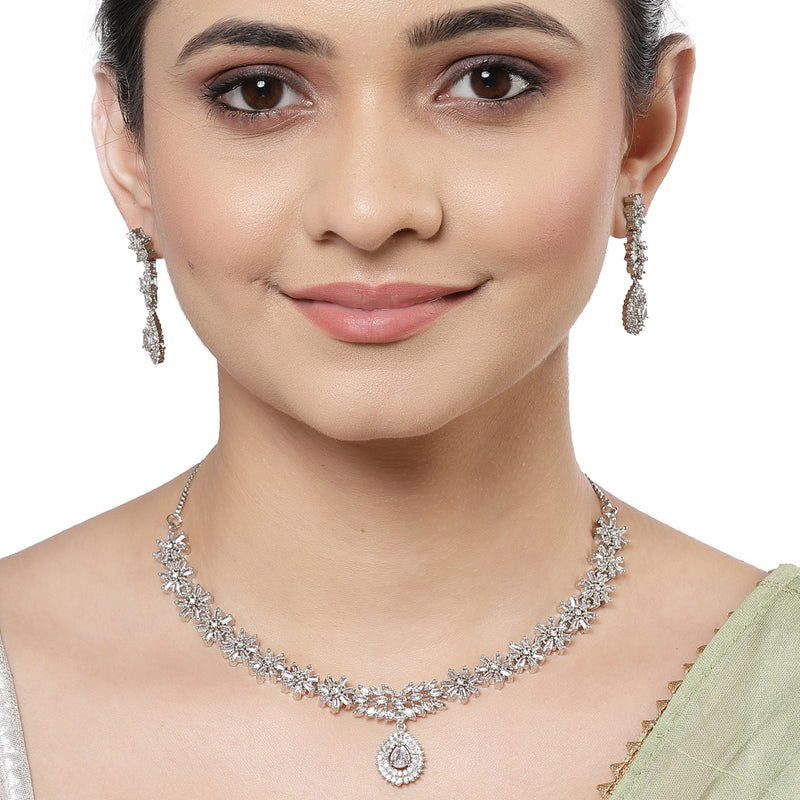 Rhodium-Plated with Silver-Toned Floral Design White American Diamond Studded Jewellery Set