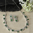 Rhodium-Plated Green American Diamonds Studded Boxy Necklace & Earrings Jewellery Set