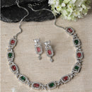 Rhodium-Plated Red & Green American Diamonds Studded Cubical Necklace & Earrings Jewellery Set
