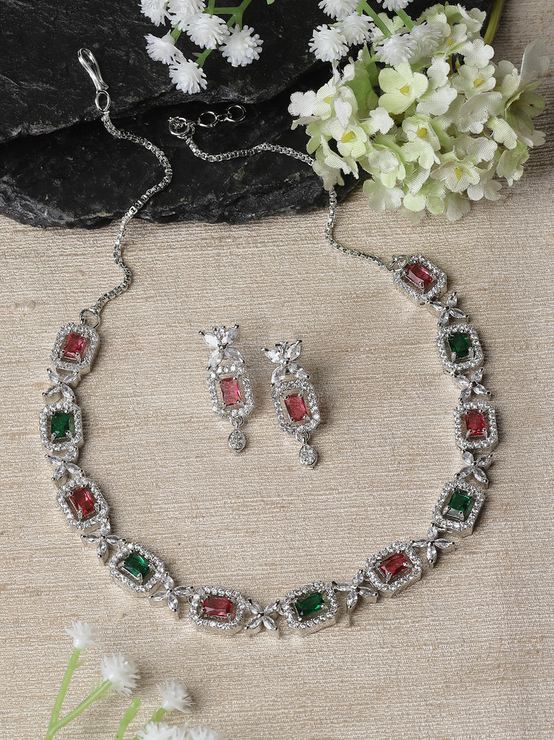 Rhodium-Plated Red & Green American Diamonds Studded Cubical Necklace & Earrings Jewellery Set